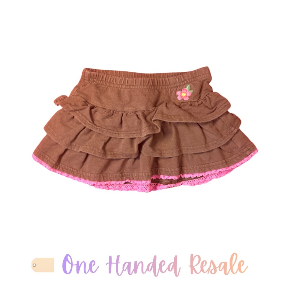 🌸 OshKosh B'gosh Kids Girls Brown Ruffled Skirt Pink Lace Trim Flower Detail 18M